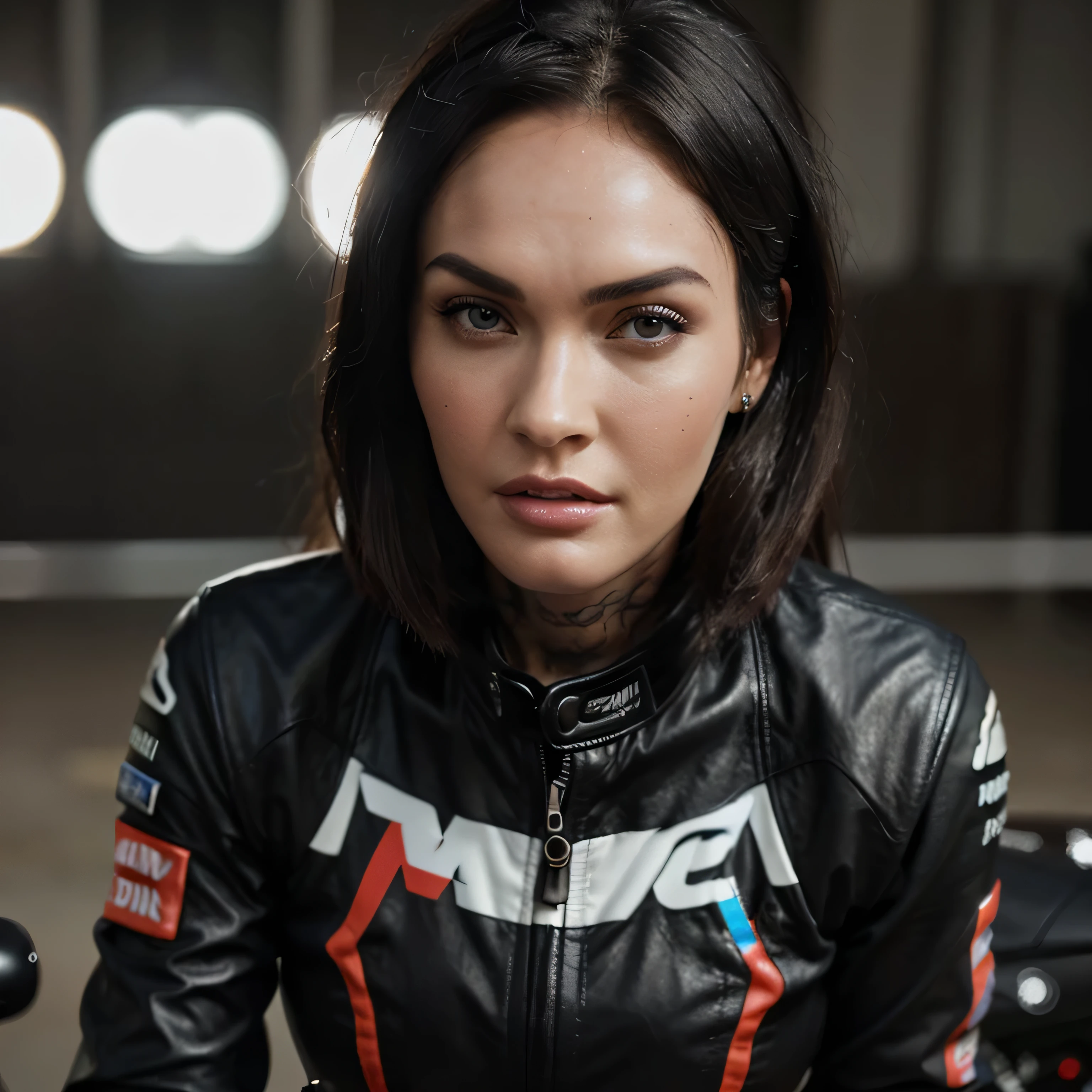 Megan Fox a highly detailed photo of wearing a black leather jacket with the MotoGP logo, beautiful detailed eyes, beautiful detailed lips, extremely detailed face, long eyelashes, intricate leather textures, dynamic motorcycle racing pose, cinematic lighting, dramatic shadows, hyperrealistic, 8k, photorealistic
