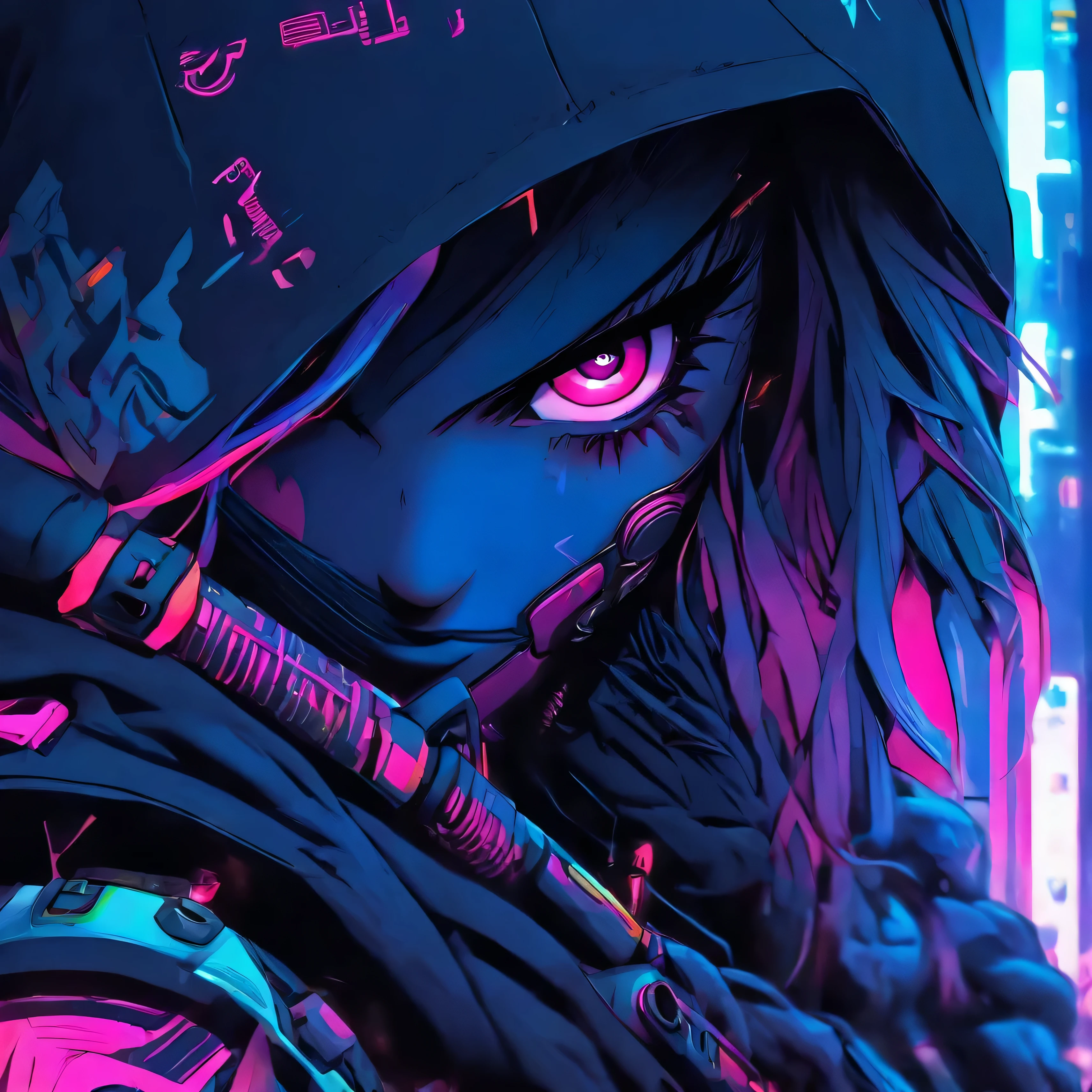 a close up of a person with a gun and a hood on, cyberpunk art by senior character artist, trending on Artstation, neoism, cyberpunk assassin, cyberpunk anime girl in hoodie, female cyberpunk anime girl, dark natasha, female assassin, mechanized soldier girl, cyberpunk anime girl mech, of a sniper girl in war, anime cyberpunk art, cyberpunk character design