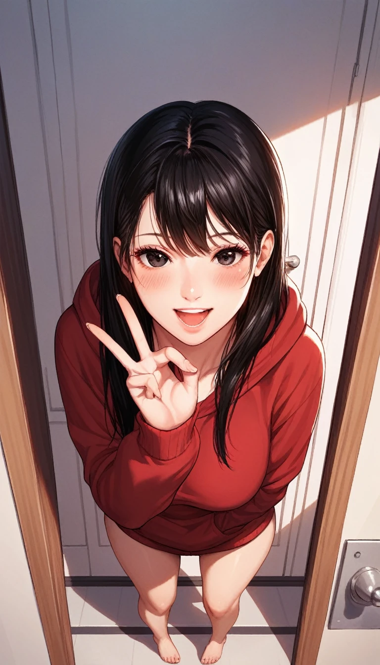 score_9, score_8_up, score_7_up, score_6_up, score_5_up, score_4_up, nari, black eyes, black hair, long hair, masterpiece, best quality, ultra-detailed, higres, 1girl, solo, mature female, beautiful and perfect face, detailed eyes, detailed eyelashes, smile, open mouth, blush, single V gesture, looking at viewer, red oversize hoodie, standing, thigh, barefoot, full body, pov, from front, close shot, leaning forward, open the door, in home