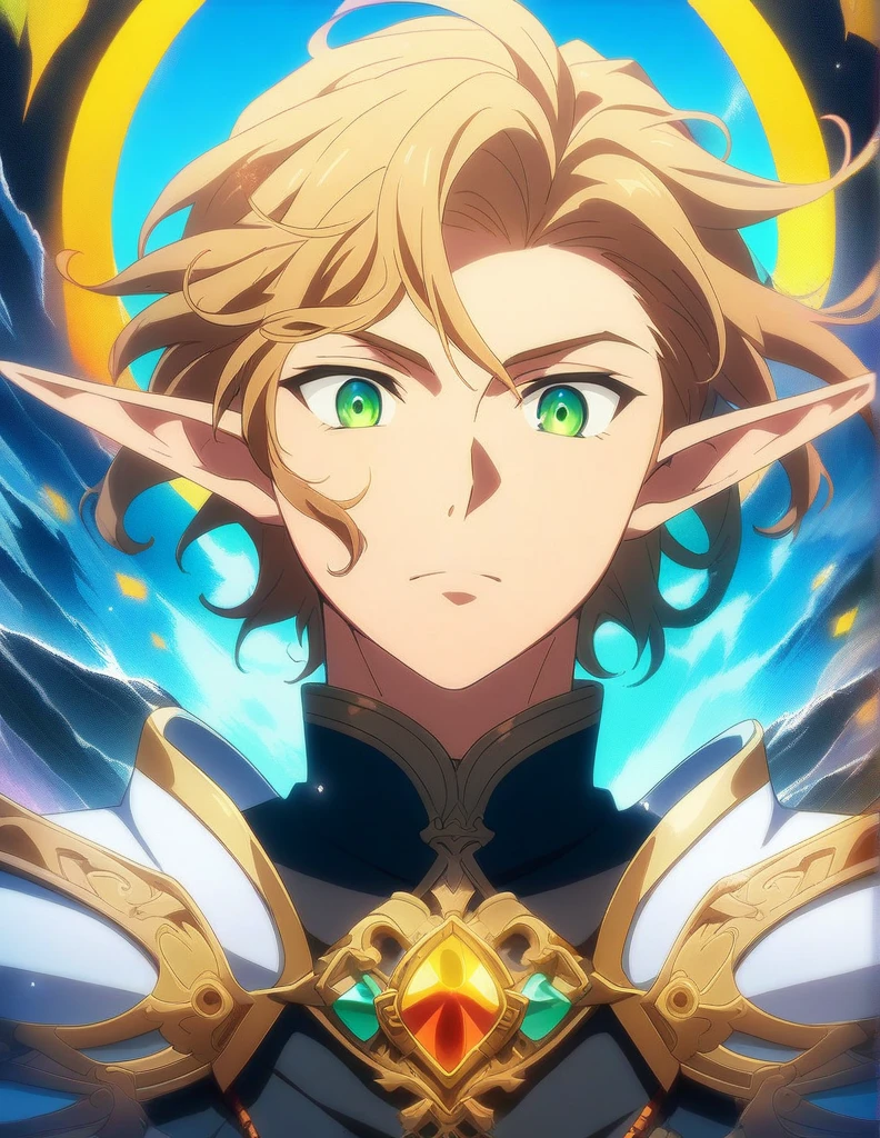 1boy, paladin portrait of a 2 4 years old male evil elf with short dark blonde hair, Dungeons & Dragons, aesthetic, dungeons and dragons, yellow irises!! elf, rogue, sharp focus, d & d, fantasy, intricate, elegant, digital painting, art, (masterpiece), (best quality), (ultra-detailed), very aesthetic, illustration, disheveled hair, perfect composition, moist skin, intricate details, anime artwork, anime style, key visual, vibrant, studio anime, highly detailed, green eyes