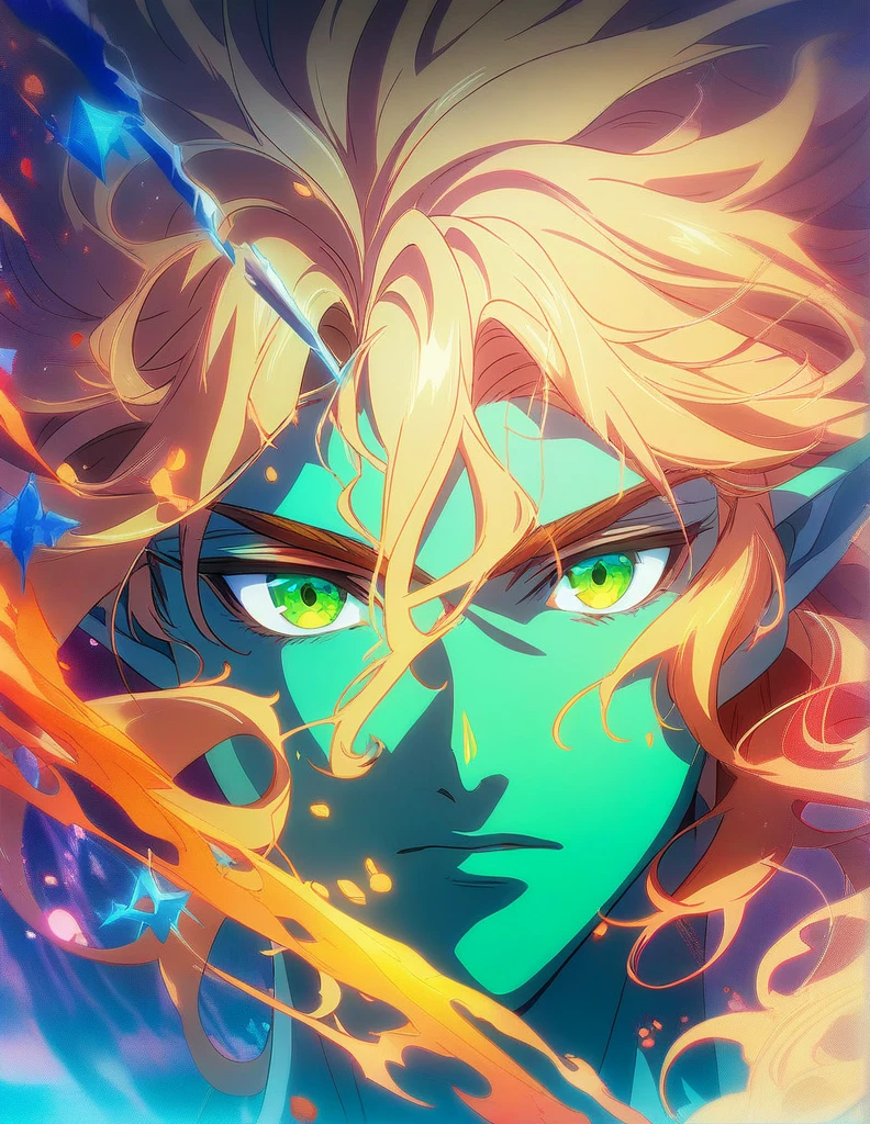 1boy, paladin portrait of a 2 4 years old male evil elf with short dark blonde hair, Dungeons & Dragons, aesthetic, dungeons and dragons, yellow irises!! elf, rogue, sharp focus, d & d, fantasy, intricate, elegant, digital painting, art, (masterpiece), (best quality), (ultra-detailed), very aesthetic, illustration, disheveled hair, perfect composition, moist skin, intricate details, anime artwork, anime style, key visual, vibrant, studio anime, highly detailed, green eyes