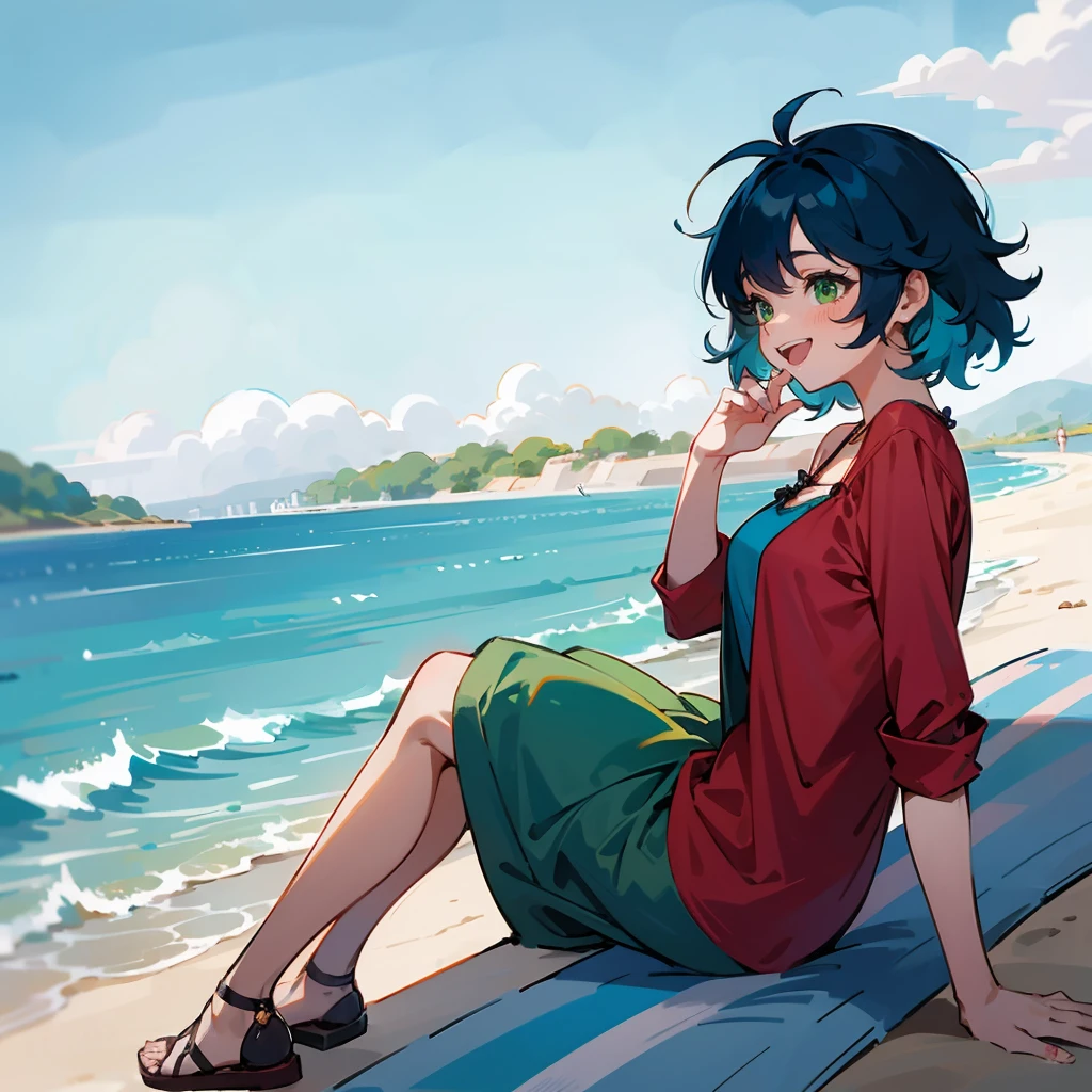 1female, Blue Hair, Green Sundress, Messy Hair, Red Sandals, Casual Attire, Green Eyes, Laughing, , Regular, Young Female, Beach, Sitting by the Shore