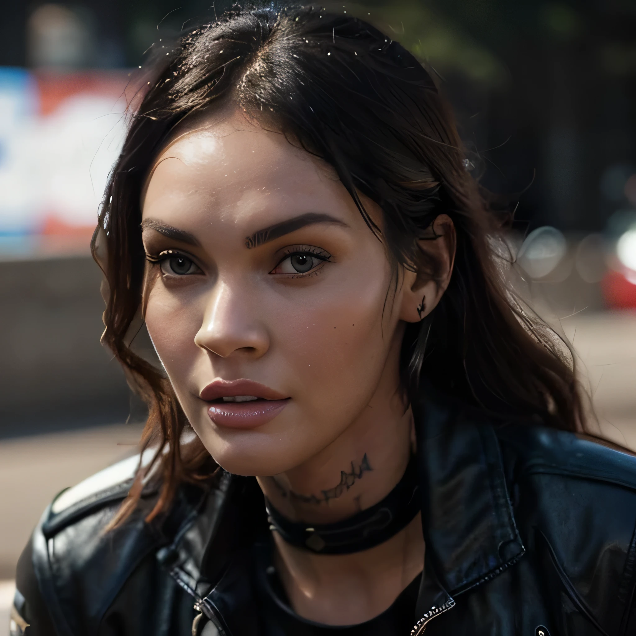 Megan Fox a highly detailed photo of  wearing a black leather jacket with the MotoGP logo, beautiful detailed eyes, beautiful detailed lips, extremely detailed face, long eyelashes, intricate leather textures, dynamic motorcycle racing pose, cinematic lighting, dramatic shadows, hyperrealistic, 8k, photorealistic