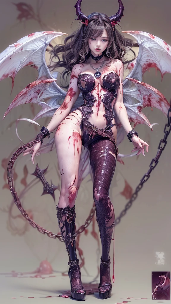 (32K:1.5, Dark fantasy:1.4, Highest quality, masterpiece, Ultra-high resolution), Perfect dynamic composition:1.3, Horror Portrait, chaos, Dark background:1.3, Prisoner, slave, Dark Demon World, (Detailed tattoos on the whole body:1.4, Wearing elaborate jewelry:1.4), Very detailedな肌と顔の質感:1.3, Very accurate, Very detailed, (Sexy succubus demon with big wings:1.3, Incredibly slim body:1.3, beautifully、beautiful:1.3), Horn, Fair skin, Sensual posture, ((Putting Badly Torn Clothing Back on Properly:1.3)), Medium chest, (Big eyes that exude beautiful eroticism:0.4, Feel the intense caress:1.0, Please open your mouth a little, lipstick, Feel the beautiful eroticism:0.9, Too sexy:0.9, charm的な:0.9), ((Covered in blood:1.5, Covered in scars:1.5, Physical pain:1.6, Lots of chains:1.6, Countless chains tangled in clothes:1.6, Chain your right arm:1.5, Chain the left arm:1.5, The right leg is bound with a shackle and chain:1.5, The left leg is bound with a shackle and chain:1.5)), Super long blonde curly hair, Earrings, necklace, bracelet, romantic, mysterious, elegant, Object of admiration, original, dramatic, artistic, Innovative, charm, Heartful, Fancy, sense of openness, sense of cleanliness, special, exciting, Extreme, Tilt, sense of loss, sorrow, sorrowの表現, ((大人のcharm, 女性的なcharm))