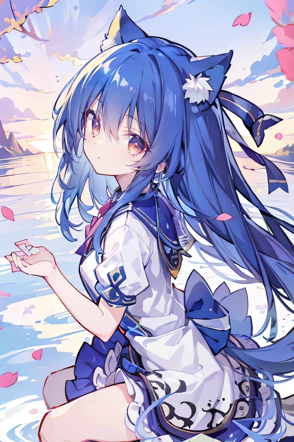 （masterpiece：1.2），Super detailed，lifelike，Expressive eyes，fair skin，perfect face shape，1 girl，
Japanese comics,Gorgeous blue hair,flowing blue hair,flowing clothes,Cat ears,Petals fall,beautiful lola,Baby Angel,
Shaking head with one hand，Cross your legs，，The pavilion is cool and comfortable,smile,back views,sunrise,Petals fall,sunrise