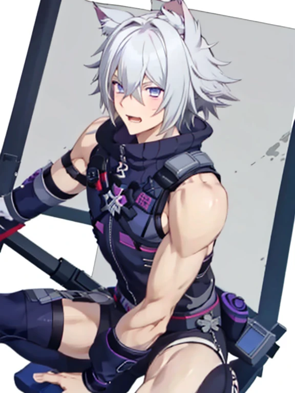 maleの子1人,alone,18-year-old,male,Shocked facial expression,blush,good looking,Messy Hair, White hair Blue eyes,Purple eyes, Cat ear　Side view　Kneeled　Open your mouth and scream　suffer　Sleeveless, wistful expression