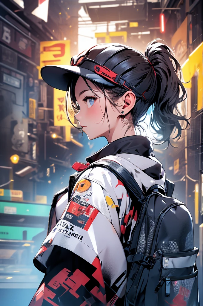(masterpiece, best quality,ultra highres),
japanese girls standing,cute,
(Cap, tight tee shirt, shorts, Backpack,(mechanical blade)),(16yo,detailed face,(ponytail hair),dynamic angle,depth of field,portrait,
(Ruined future world,The future ruins of the world),clear blue-sky,