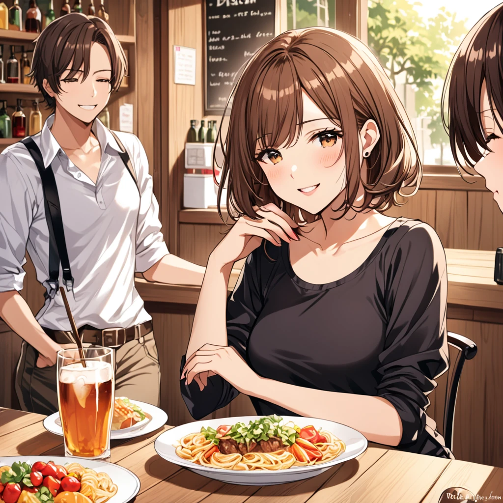 One woman,adult,Medium Hair,Brown Hair,Friendly atmosphere,(Jean Julien's style),Upper Body,cute,Minimalist Style