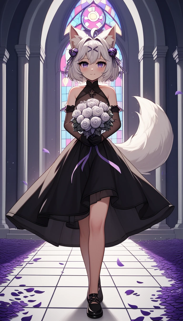 UHD, masterpiece, best quality, natural lighting, midnight, Church, infront of the altar, church isle, 1girl, tall, solo, Filian, fluffy fox tail, tail pointing down, small cat ears, white hair, short hair, ahoge, hairclip, hair bell, ((big eyes)), purple eyes, slight blush, seductive smile, a-line black gown, ((long black veil)), black bridal veil, black lace arm sleeves, black gloves, black lace stockings, black shoes with heals, full body pose, cross legs, standing straight, pageant pose, seductive pose, ((holding bridal bouquet with purple ribbon)), hidden hands, raining black and purple petals, ((falling petals))