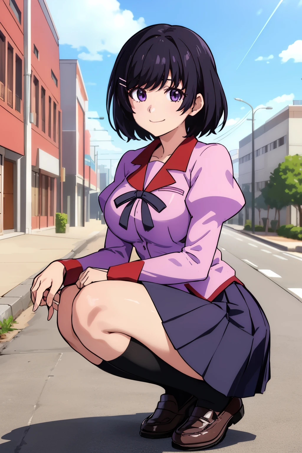 (masterpiece), (Highest quality), (High resolution), (detailed), (Naoetsu High School),(Hanekawa) One girl, Purple eyes, Black Hair, hort hair, Hair Clip, View your viewers, smile, Large Breasts, (Naoetsu High School school uniform), skirt, Pink Shirt, hair ornaments, Long sleeve, Puff sleeves, Juliet Sleeve, pleated skirt, black high socks, loafers, squatting, Cowboy Shot, Outdoor, city