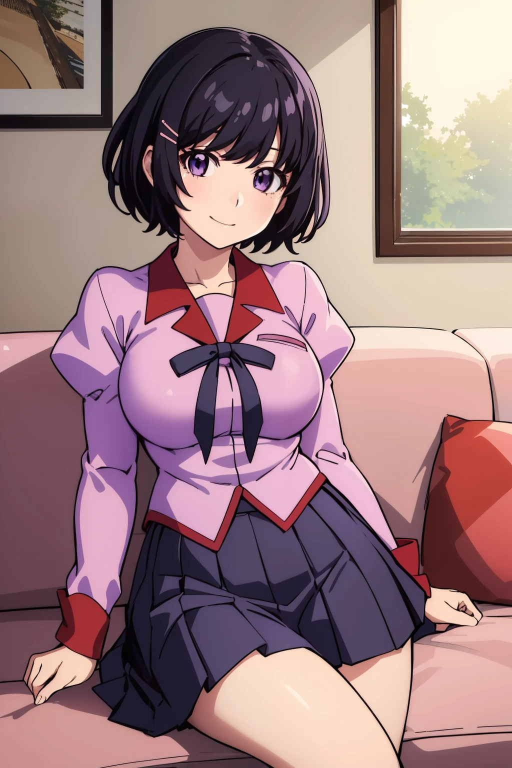 (masterpiece), (Highest quality), (High resolution), (detailed), (Naoetsu High School),(Hanekawa) One girl, Purple eyes, Black Hair, hort hair, Hair Clip, View your viewers, smile, Large Breasts, (Naoetsu High School school uniform), skirt, Pink Shirt, hair ornaments, Long sleeve, Puff sleeves, Juliet Sleeve, pleated skirt, black high socks, sit sofa, Cowboy Shot, indoors, living room, on the couch,