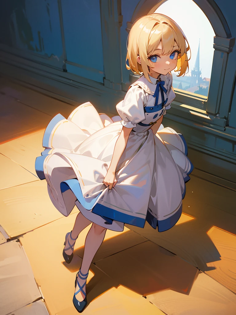 {best quality}, {{masterpiece}}, {highres}, extremely detailed girl, solo, sharp focus,{{{castle (background)}}}, {{{character{{{1 girl}}}}}}, solo, light smile, closed mouth, beautiful detailed eyes, blue eyes, {{{{{looking at viewer}}}}},{{{{{sharp focus}}}}}, {loli}, {{{{{masterpiece illustration}}}}},full body, normal angle, shiny hair, short hair, {{{{beautiful detailed white dress}}}}, blonde hair, {{{{{pixel art}}}}}