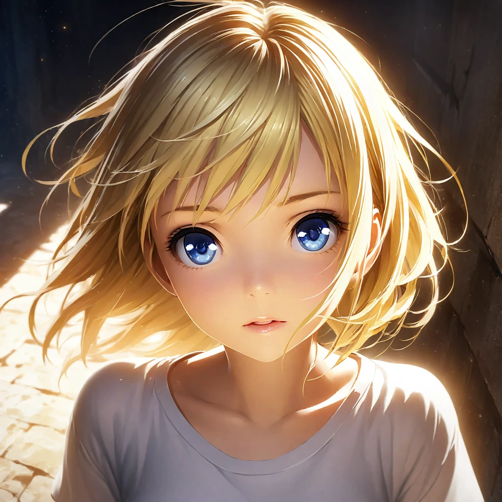 portrait, Practical, blue eyes, Blonde hair, Mid-chest, 4K resolution, High quality CG, Beautiful CG, Soft Light, Octane Rendering, white t-shirt, wide angle, front, direct gaze, frontal view, headshot