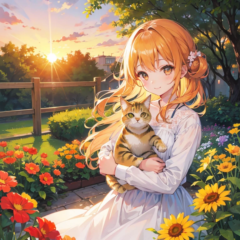 Girl holding a kitten、Warm-colored sunset、A happy smile、garden、Serene atmosphere