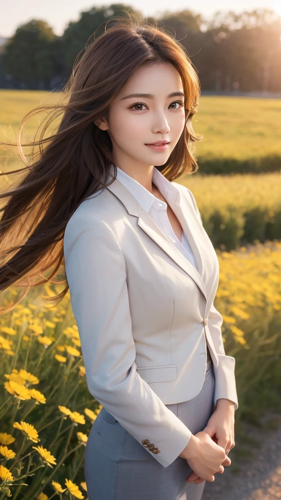 highest quality、genuine、Super detailed、finely、High resolution、8k wallpaper、one beautiful woman、、、light brown disheveled hair、wearing a business suit、sharp focus、perfect dynamic composition、beautiful and detailed eyes、thin hair、Detailed genuine skin texture、smile、model body shape、In a windswept meadow
