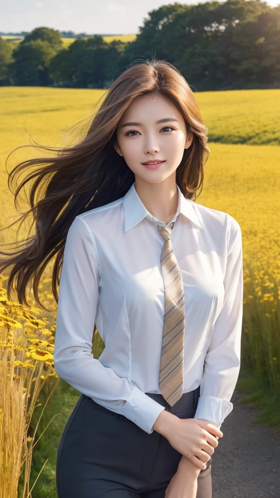 highest quality、genuine、Super detailed、finely、High resolution、8k wallpaper、one beautiful woman、、、light brown disheveled hair、wearing a business suit、sharp focus、perfect dynamic composition、beautiful and detailed eyes、thin hair、Detailed genuine skin texture、smile、model body shape、In a windswept meadow