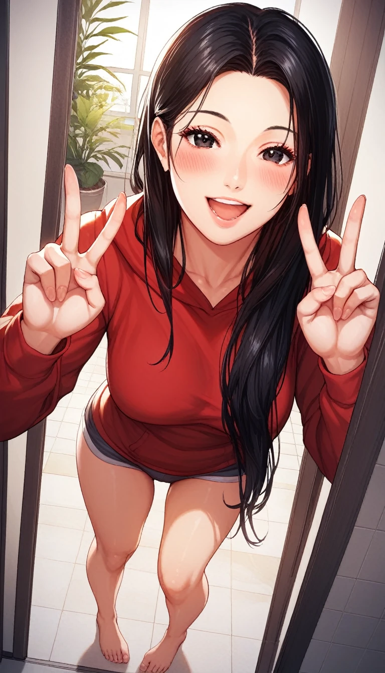 score_9, score_8_up, score_7_up, score_6_up, score_5_up, score_4_up, nari, black eyes, black hair, long hair, masterpiece, best quality, ultra-detailed, higres, 1girl, solo, mature female, beautiful and perfect face, detailed eyes, detailed eyelashes, smile, open mouth, blush, double V gesture, looking at viewer, red oversize hoodie, standing, thigh, barefoot, full body, pov, from front, close shot, leaning forward, open the door, in home