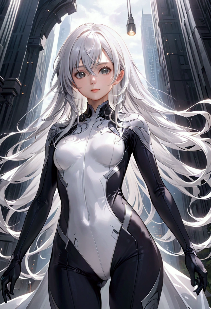 Long white hair, grey eyes, slim,bodysuit,front view, 8k, best quality, high resolution. 