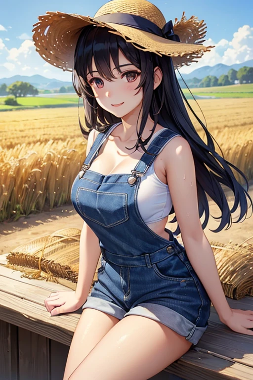 Poetry of the Hills、Shiny black hair, Long Hair, (Beautiful brown eyes、Sparkling eyes, Fine grain、White horseshoe headband)、smile、Super detailedな目、Highly detailed face, Highly detailed eyes, 

(masterpiece, Highest quality, Super detailed:1.4), (masterpiece), (Highest quality), (Beautiful eyes and face), (完璧なwomanの体), (Glowing Skin), Cowboy Shot, 

a large wheat field, Summer sunshine, Sitting in the back of the truck,woman,  Wear a straw hat, Overalls, White sports bra, Big Breasts, Cleavage, Sweat, Smiling Kindly , Top Angle, masterpiece, High resolution