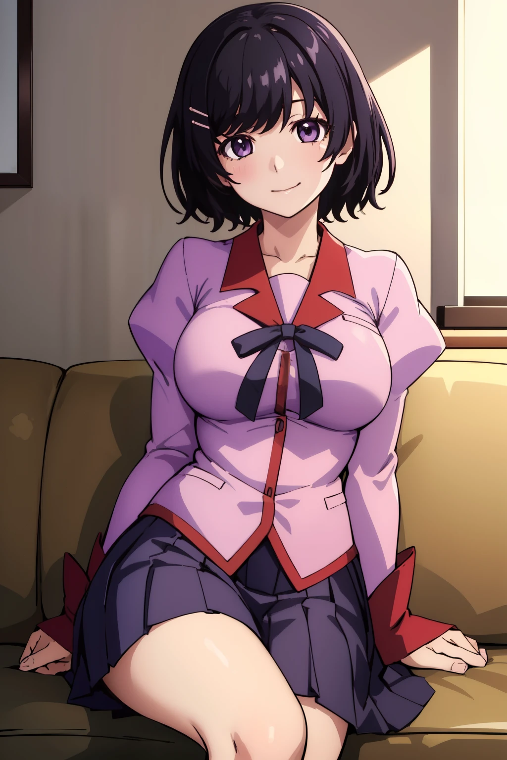 (masterpiece), (Highest quality), (High resolution), (detailed), (Naoetsu High School),(Hanekawa) One girl, Purple eyes, Black Hair, hort hair, Hair Clip, View your viewers, smile, Large Breasts, (Naoetsu High School school uniform), skirt, Pink Shirt, hair ornaments, Long sleeve, Puff sleeves, Juliet Sleeve, pleated skirt, black high socks, sit sofa, spread legs, Cowboy Shot, indoors, living room, on the couch,