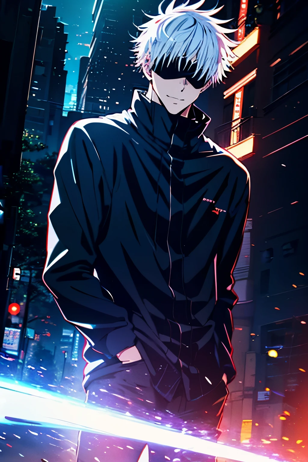 epic composition, city ​​street, Japan, deserted street, the night, flashing in the background, Red and blue color, (tmasterpiece, beste-Qualit: 1.2), male focus, 1boy, Gojo Satoru, hands in pocket, blindfold, black jacket, (Masterpiece:1.3),(Best Quality:1.2),8K,absurdress,Unity 8K WallPapper,(Extremely detailed:1.3),supreme, hight resolution, Amazing, illustartion, Beautiful studio soft light, Stunningly beautiful, incredibly absurdres, Vivid details, Cinematic lighting, moody lighting, pixiv, Award-winning, Professional, Highly detailed, Gojo1, inform, looking a viewer, Smile, Short hair, 1boy, Standing, jacket, white colored hair, male focus,spiked hair, facing viewer, (red background:1.1), high collar, (Magic:1.3), (aura:1.3),Sideways standing