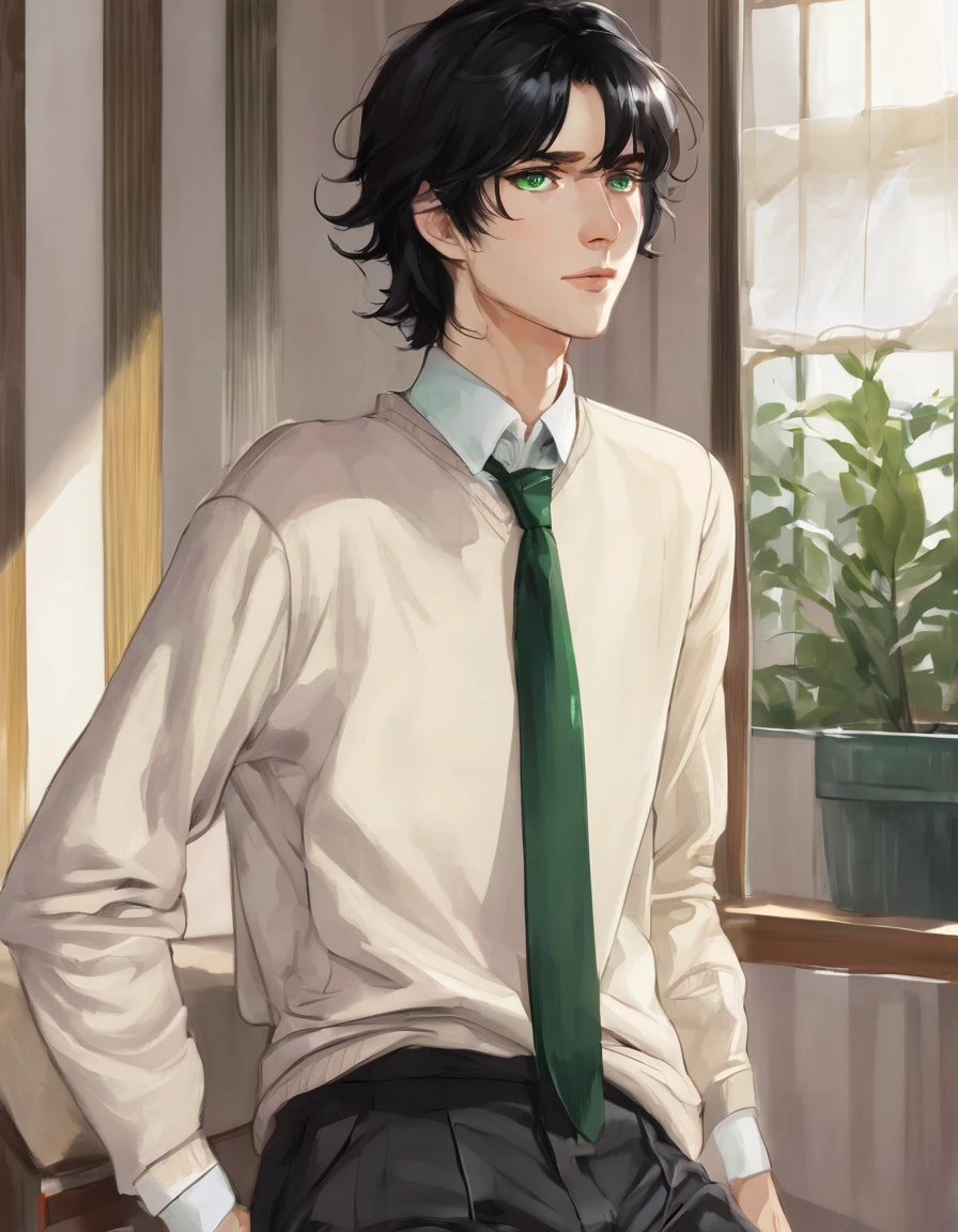 (best quality), 1boy, pale skin, black hair, medium hair, curtain hair, tousled hair, green eyes, perfect eyes, dark circles under eyes, tall, slender, handsome, strong jawline, lazy, light smile, attractive, turtleneck sweater, masterpiece, anatomically correct, highres
