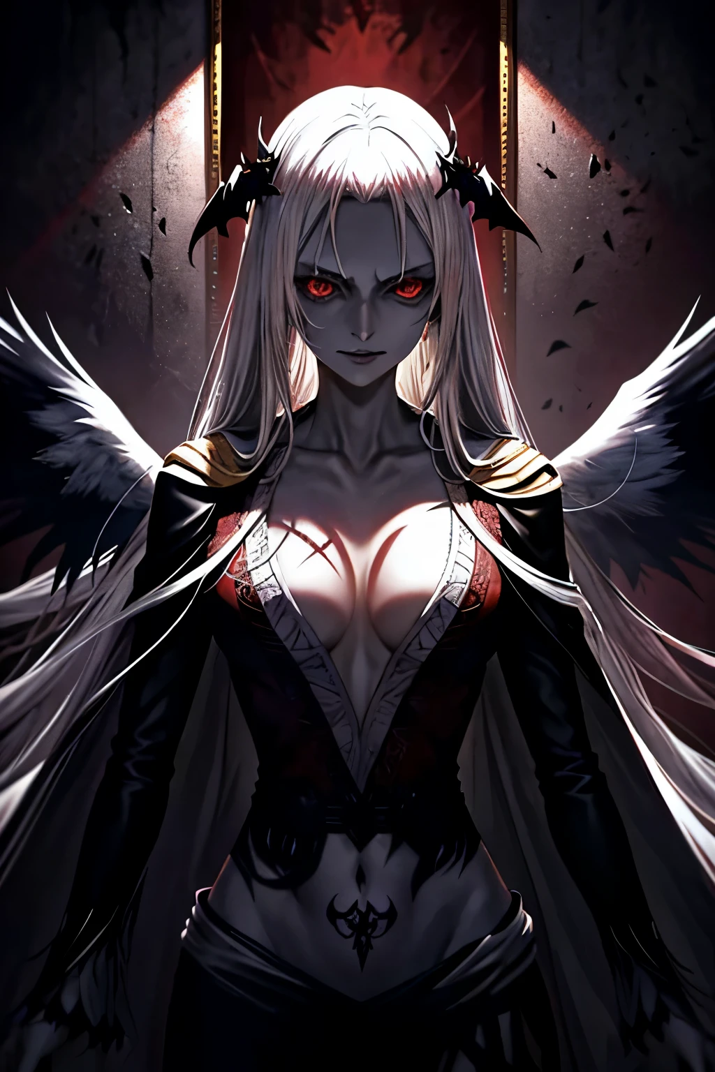 Prompt: Anime, A serene figure of a woman with long, cascading white hair and intense, radiant red eyes is depicted in a dimly lit, atmospheric room. Shadowy corners and flickering candles accentuate the gothic aura surrounding her, embodying the essence of a gothic maiden anime girl.

Prompt: Demon anime girl, Character design featuring a powerful and seductive female figure with pitch-black wings spread wide, white eyes glowing ominously, and a menacing, cruel laughter that echoes in the room. Clad in black leather and adorned with tattoos representing fallen angels and scars from past battles, she