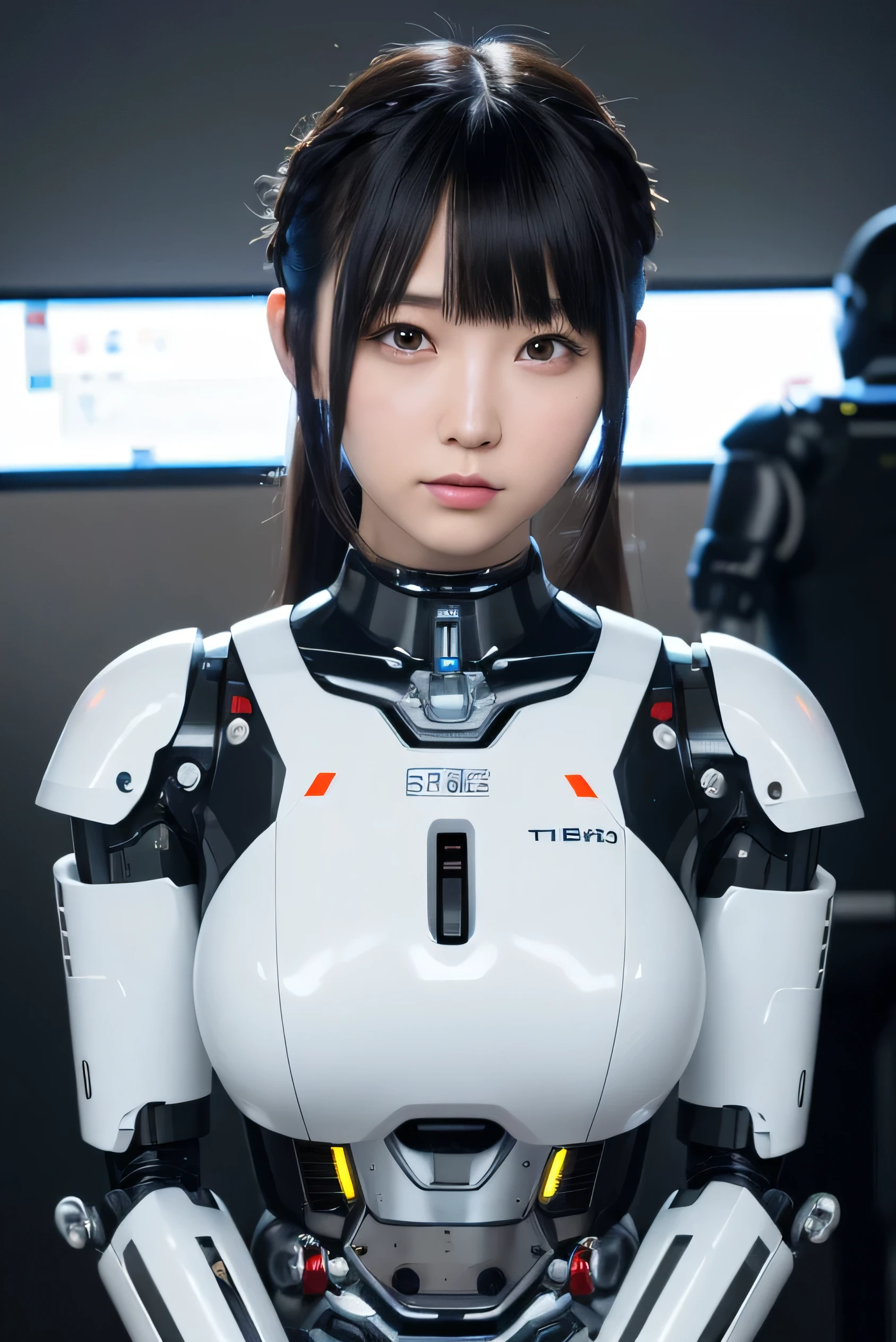 masterpiece, best quality, extremely detailed, 8K portrait,1girl in, Japaese android girl,android teacher,Plump , control panels,android,Droid,Mechanical Hand, ,Robot arms and legs, Black hair,Mechanical body,Blunt bangs,White Robotics Parts,perfect robot woman,Charging spot,perfect mechanical body,white robotics body,android assembly plant,white body,She has repaired,black sponge joints,android,laboratory,perfect machine body,white robot body,blue eyes