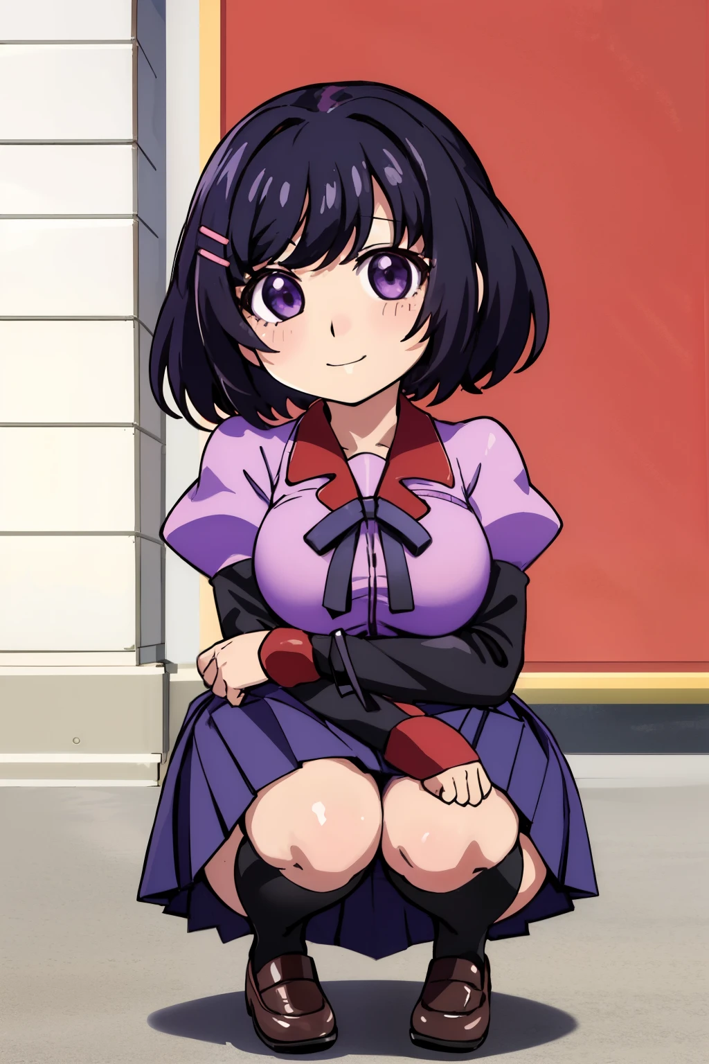 (masterpiece), (Highest quality), (High resolution), (detailed), (Naoetsu High School),(Hanekawa) One girl, Purple eyes, Black Hair, hort hair, Hair Clip, View your viewers, smile, Large Breasts, (Naoetsu High School school uniform), skirt, Pink Shirt, hair ornaments, Long sleeve, Puff sleeves, Juliet Sleeve, pleated skirt, black high socks, loafers, squatting, Cowboy Shot, Outdoor, city, (chibi: 1.6)