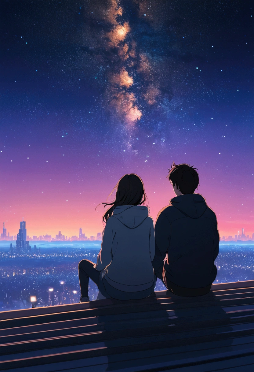 A couple sitting on the bank and looking at the stars, Digital Art by Alena Aenami, tumbler, Digital Art, Lo-fi art style, 4KAnime Wallpaper, Sit on the roof, Anime Wallpaper4k, Anime Wallpaper 4k, Anime Aesthetics, anime art wallpaper 4k, Lo-fi feeling, anime art wallpaper 4k, Anime Wallpaper