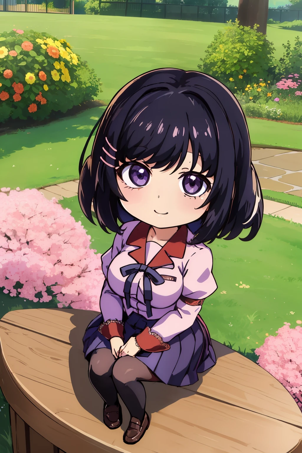 (masterpiece), (Highest quality), (High resolution), (detailed), (Naoetsu High School),(Hanekawa) One girl, Purple eyes, Black Hair, hort hair, Hair Clip, View your viewers, smile, Large Breasts, (Naoetsu High School school uniform), skirt, Pink Shirt, hair ornaments, Long sleeve, Puff sleeves, Juliet Sleeve, pleated skirt, black high socks, loafers, Sitting,  garden, wood, (chibi: 1.6)