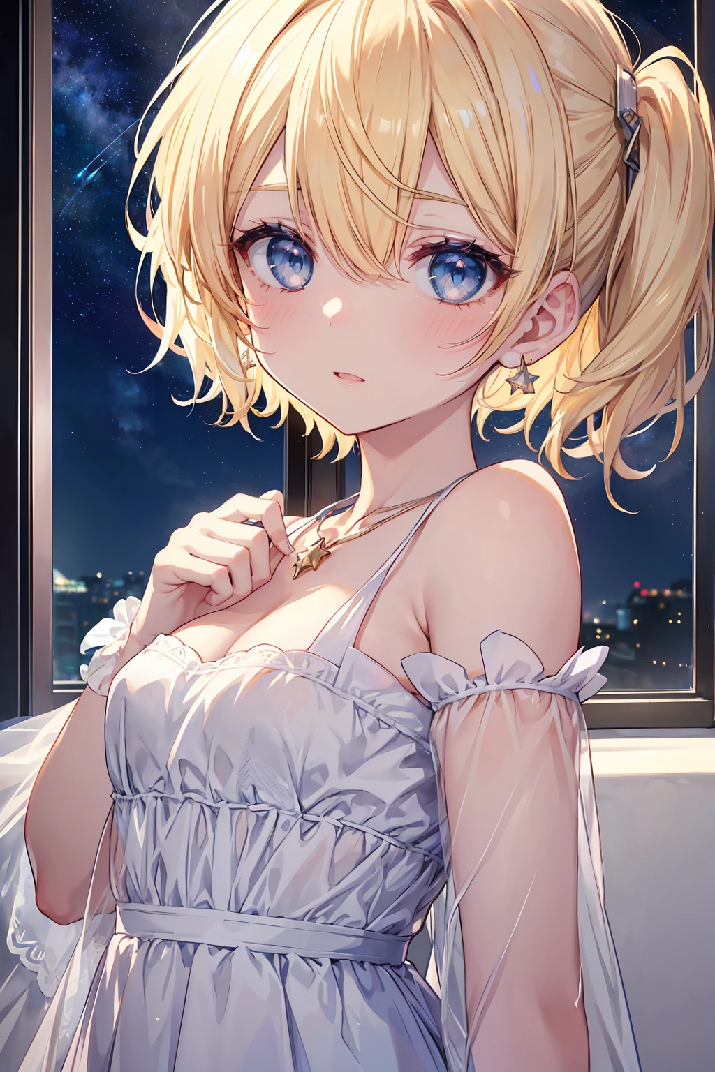 Absurd, Very detailed,Bright colors, Very beautiful and detailed anime faces and eye,indoor, Gazing at the audience,(You can see the starry sky from the window:1.2),(Kind Face:1.4), ribbon, window,Bathroom、Wash your body in the shower,Chair,Hide the box with steam,Blurry,close ~ eye,Open your mouth,Upper body naked、 From the back, Feet are outside the frame, Written boundary depth, Age 25,short hair, , Asymmetrical bangs, Blonde hair in short pigtails, Shiny Hair, Delicate and beautiful face, blush、blue eye, White skin, Valletta, Earrings, necklace,Night view