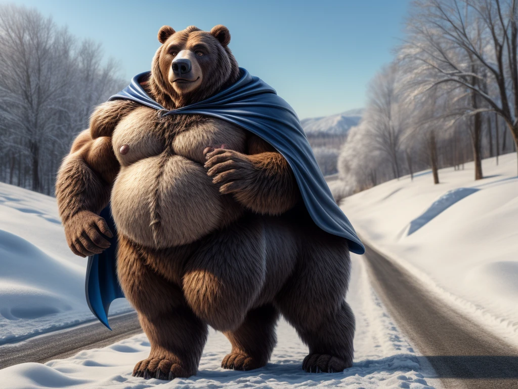 furry, fur taur, beartaur, middle-age, solo,1man, detailed face, bear ears, bear eyes(brown), bear nose(black), bear mouth, garibaldi beard(grey), mature hair(grey), cloak, detailed arms, thick arms, muscular, thick hands(5 fingers), detailed body belly, thick body, muscle belly(white), thick chest, nipples, detailed taur body, thick taur body, thick bear paws, thick bear tail, full body shot, winter, snow, standing on the road