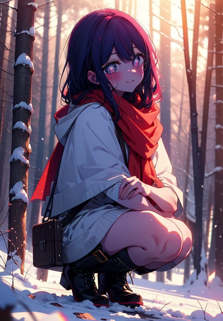 aihoshino, Ai Hoshino, Long Hair, bangs, (Purple eyes:1.1), Purple Hair, (Symbol-shaped pupil:1.5), smile,,smile,blush,white breath,
Open your mouth,snow,Ground bonfire, Outdoor, boots, snowing, From the side, wood, suitcase, Cape, Blurred, , forest, White handbag, nature, Squat, Mouth closed, Cape, winter, Written boundary depth, Black shoes, red Cape break looking at viewer, Upper Body, whole body, break Outdoor, forest, nature, break (masterpiece:1.2), Highest quality, High resolution, unity 8k wallpaper, (shape:0.8), (Beautiful and beautiful eyes:1.6), Highly detailed face, Perfect lighting, Extremely detailed CG, (Perfect hands, Perfect Anatomy),