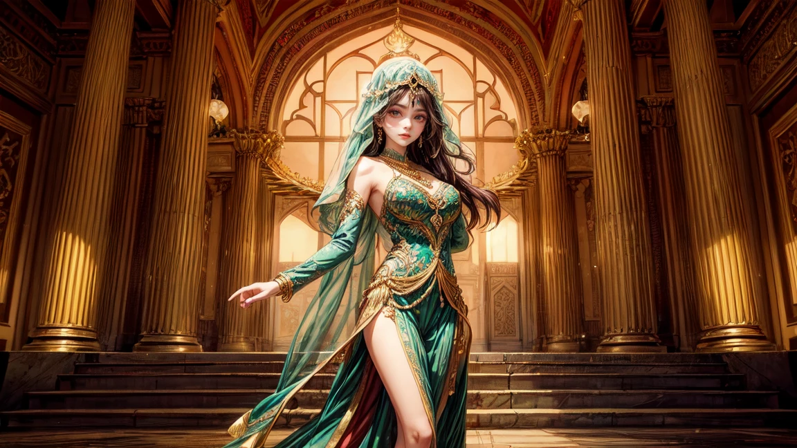 A beautiful woman in an elaborate, gold and emerald outfit similar to traditional Arabian or Persian attire, dancing in front of a majestic palace. The palace features intricate architecture with domes and arches, reflecting the splendor of ancient Arabian or Persian design. The woman has long, flowing dark hair adorned with gold jewelry and a confident expression. Her face is partially covered by a delicate face veil, revealing only her expressive eyes. Her attire includes intricate patterns and details, capturing the essence of Arabian or Persian culture. The overall atmosphere should be both regal and captivating, with the woman's graceful dance movements adding to the scene's elegance and charm.

