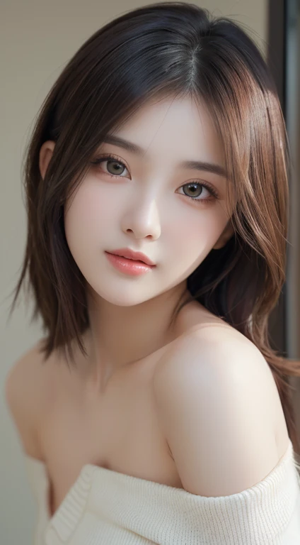 highest quality, realistic, 8K, High resolution, 1 girl, woman, (skin dents), (portrait:0.6), nice, ((white background, naked, small breasts:1.65)), (Brown hair in a ponytail, parted bangs:1.4), looking at the viewer, (1 girl eyes looking at the viewer:1.6), realistic, (Bokeh), (closed mouth, smile:1.3), nice, Pueros face_V1:1,