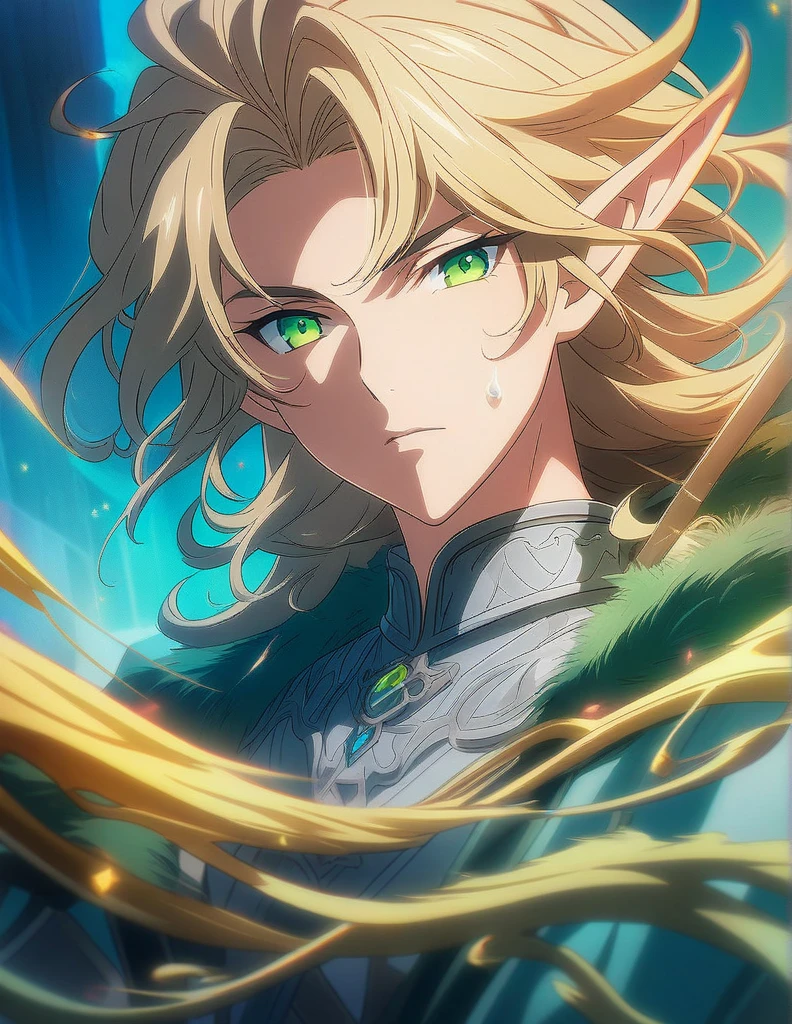 1boy, paladin portrait of a 2 male evil elf with short dark blonde hair, Dungeons & Dragons, aesthetic, dungeons and dragons, yellow irises!! elf, rogue, sharp focus, d & d, fantasy, intricate, elegant, digital painting, art, (masterpiece), (best quality), (ultra-detailed), very aesthetic, illustration, disheveled hair, perfect composition, moist skin, intricate details, anime artwork, anime style, key visual, vibrant, studio anime, highly detailed, green eyes, roupa de ladino