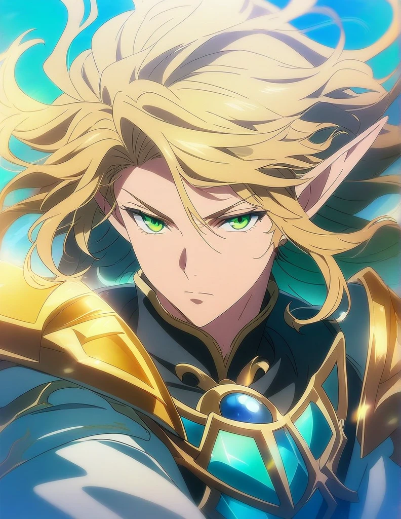 1boy, paladin portrait of a 2 4 years old male evil elf with short dark blonde hair, Dungeons & Dragons, aesthetic, dungeons and dragons, yellow irises!! elf, rogue, sharp focus, d & d, fantasy, intricate, elegant, digital painting, art, (masterpiece), (best quality), (ultra-detailed), very aesthetic, illustration, disheveled hair, perfect composition, moist skin, intricate details, anime artwork, anime style, key visual, vibrant, studio anime, highly detailed, green eyes, roupa de ladino