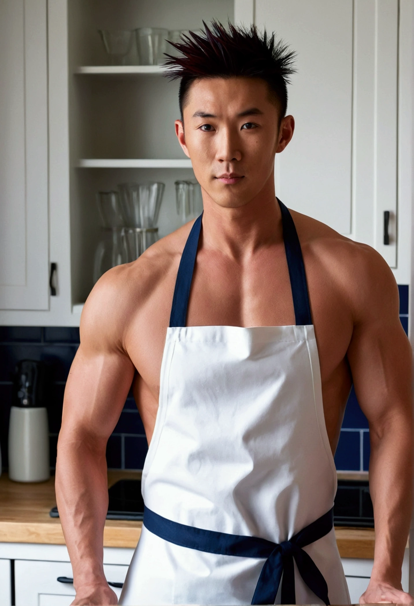 a guy with Asian features, black and red hair,cropped hair spike hair,His eyes are dark brown,Slim and agile, with well-defined muscles,in navy blue colors ,Clear Skin, he's in the kitchen of his house, he's wearing the white kitchen apron, sexy, he's shirtless, he's just wearing an apron ,sexy naked