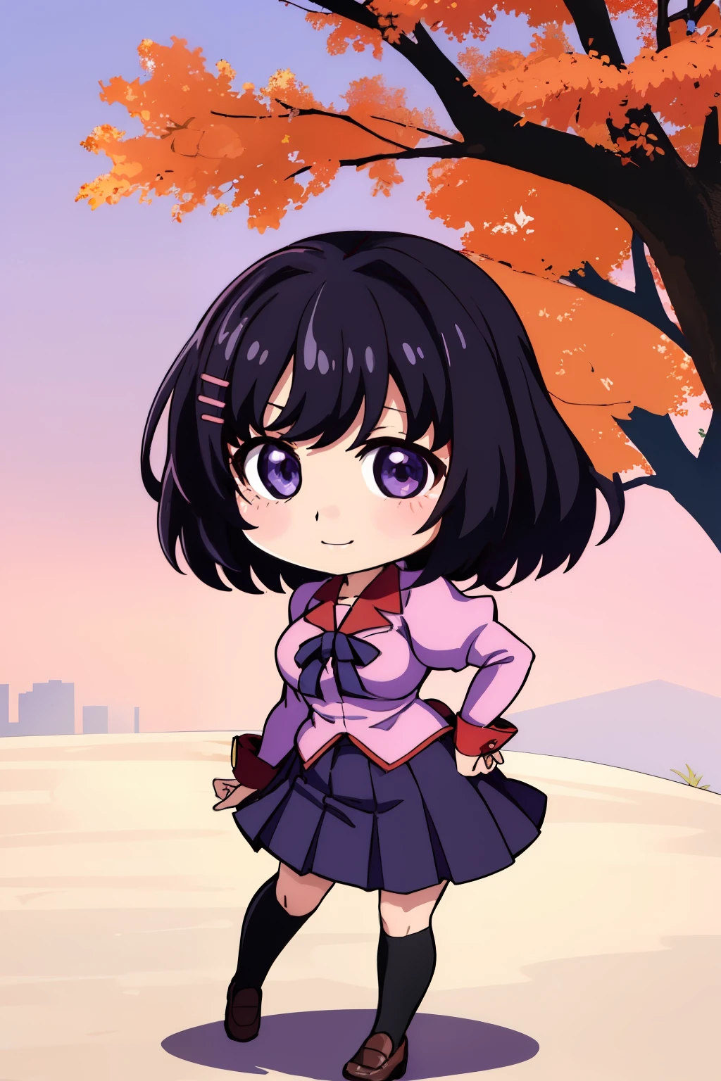 (masterpiece), (Highest quality), (High resolution), (detailed), (Naoetsu High School),(Hanekawa) One girl, Purple eyes, Black Hair, hort hair, Hair Clip, View your viewers, smile, Large Breasts, (Naoetsu High School school uniform), skirt, Pink Shirt, hair ornaments, Long sleeve, Puff sleeves, Juliet Sleeve, pleated skirt, black high socks, loafers, standing, full body, Outdoor, city, (chibi: 1.6)