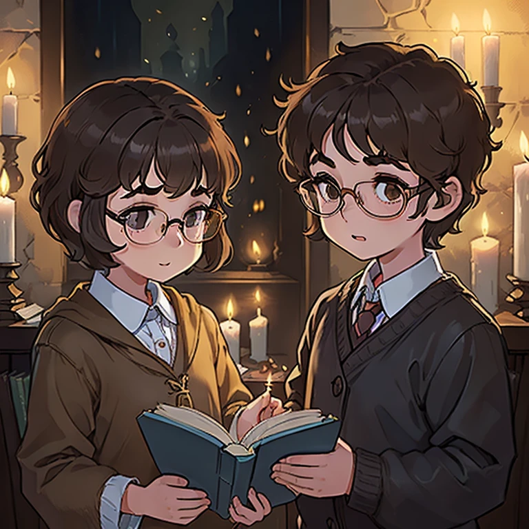 ((1 beautiful child:1.2, girl, short hair, slightly wavy hair:1.1, short brown hair:1.1, Glasses, holding a book in his hands, enthusiastic reading, Happy Look, Serious expression on his face, in a dark room surrounded by lit candles))