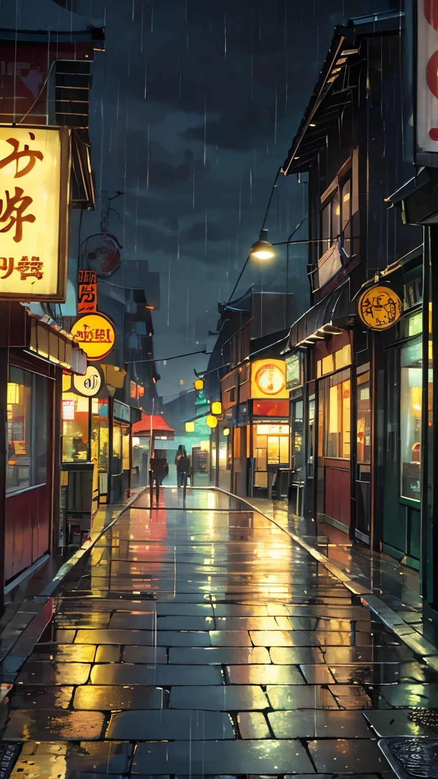 Rainy city street scene with traditional shophouses, neon signs, and reflective puddles. The atmosphere should be nostalgic, atmospheric, and tranquil, with a touch of mischief and energy. Use a warm color palette with hints of rain and dampness. Emphasize the contrast between the traditional and modern elements, and capture the essence of an urban setting on a rainy day.