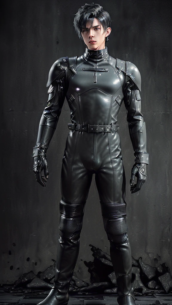 Final fantasy taste and reality graphics, ((Japanese young cute and cool ikemen  boy)), his age is early 20s, thin eyebrows and beady eyes,  ((he wearing gray color thick leather coverall battle suit)),((cool battle suit)),((Don't show your bare skin from the head down)),((battle suit is long sleeve)), ((looks like motorcycle suit style coverall battle suit)),((coverall battle dress is very high and tight length collar )), ((voluminous coverall suit)), ((coverall suit with black waist belt)),((putting plastic style Translucent white protectors on  a both forearms,both shoulders,chest,back, and both front of tights.)) ((Coverall suits flank area, put on black parts)), ((put dark black color leather tight and thin glove on both hands)), ((black color leather glove)),((dark black color leather middle length engine boots)),((must views  head-to-toe)),((must views whole body)), ,((Do not show skin from the neck down)),, .((must put on a leather glove)).
Boy is black hair.
Boy in the dim room.
((Godzilla final wars))