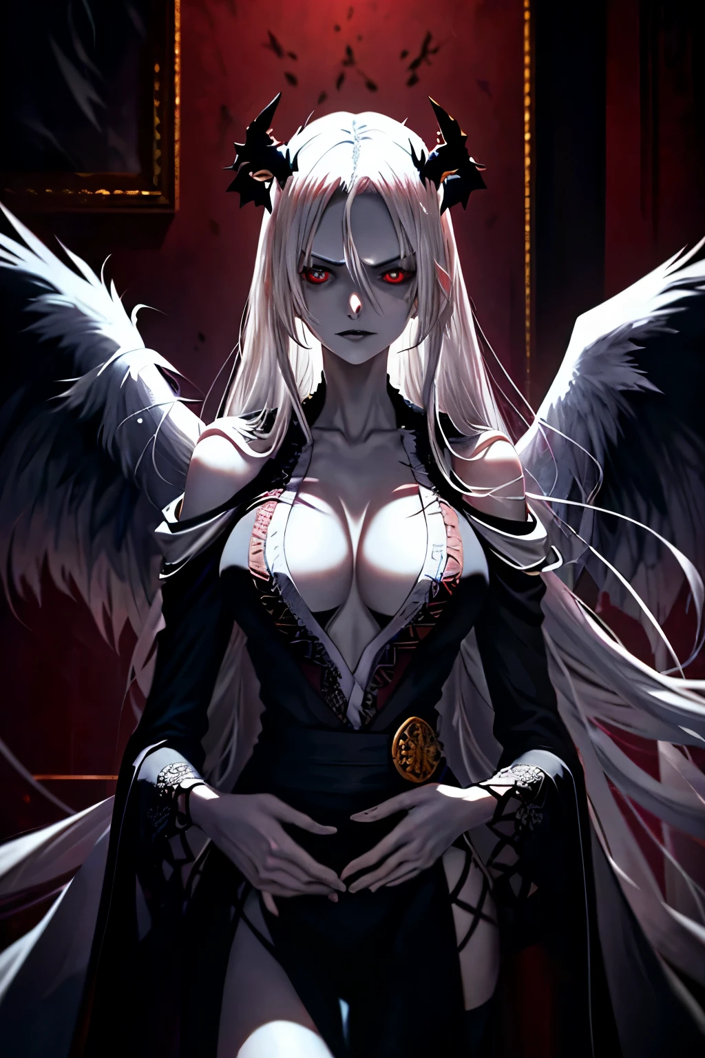 masterpiece, realistic, hyperrealistic, best quality, ultimecia, horns, red dress, plunging neckline, feather trim, black wings, facial marks, claws, upper body, smirk 