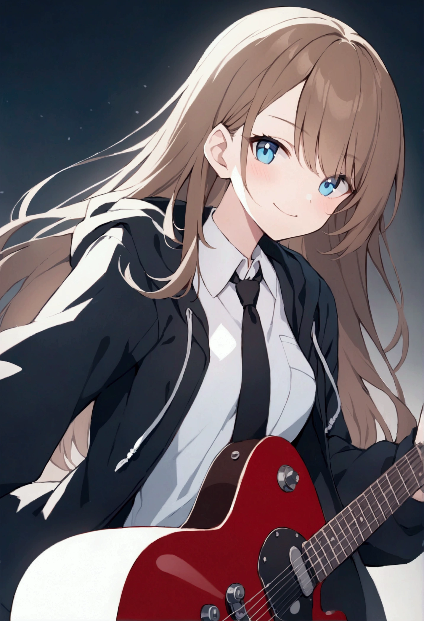 slender, mature female,rating:safe, 1girl, solo, blue_eyes, guitar, instrument, white_shirt, hood, hood_down, shirt, black_ribbon, looking_at_viewer, bangs, brown_hair, ribbon, jacket, electric_guitar, smile, closed_mouth, black_neckwear, long_sleeves, blush, eyebrows_visible_through_hair, sleeves_past_wrists, collared_shirt, holding_instrument, hooded_jacket, drawstring, holding, long_hair, hair_between_eyes, jacket, open_clothes