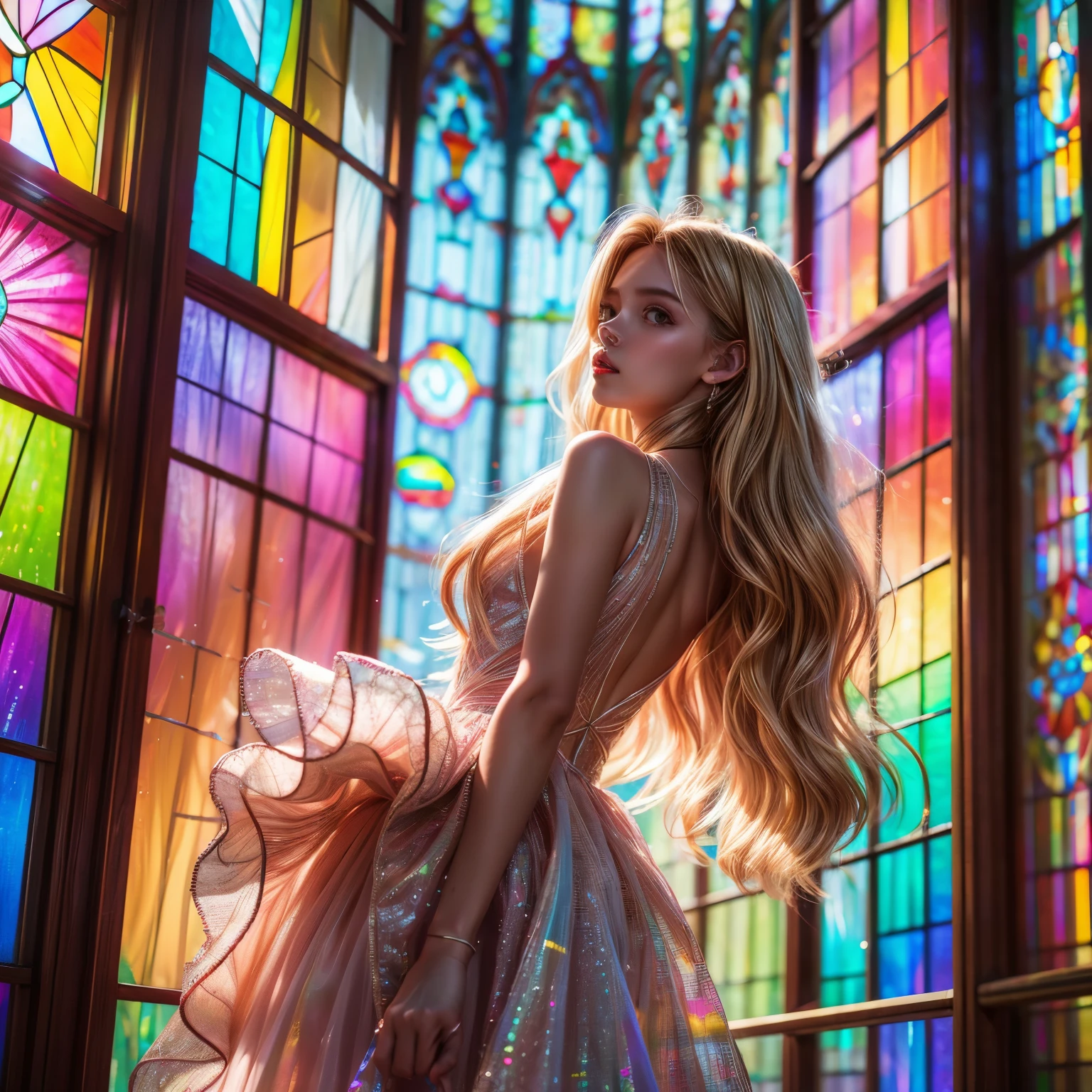 RubyRed (ZoomedOut:1.28) ZoomLayer, TopQuality 8K masterpiece of ((Professional photo)), (((Clarisse de Cagliostro))) (Detailed Delicate White WeddingDresses), Chain, Extremely detailed (KAWAII face) {(VeiledFace)|BlondeHair|(Spanking BuleEyes)}, The background is distant ((Elaborate PrimaryColors stained glass)) Rainbow Glass, MysticSight, GodRays, Radiant PearlSkin with Transparency, (Exposed:0.28)