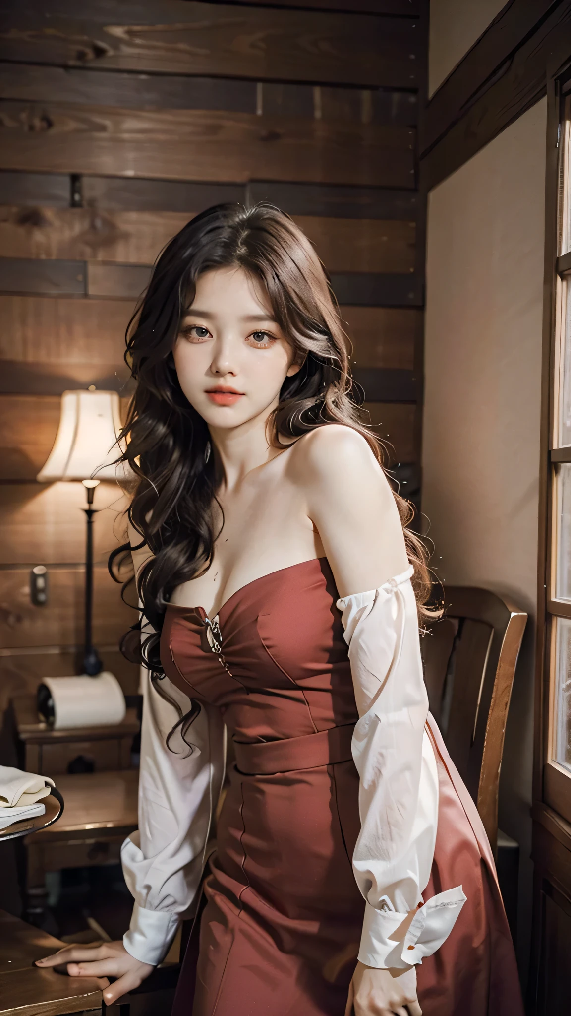 detailed background, masterpiece, best quality, 1 person , curly hair, long hair, purple eyes, star in eye , sharp red Strapless blouse, long skirt, cute different poses, indoor wood furniture ,light wood color,, upper body , Red color