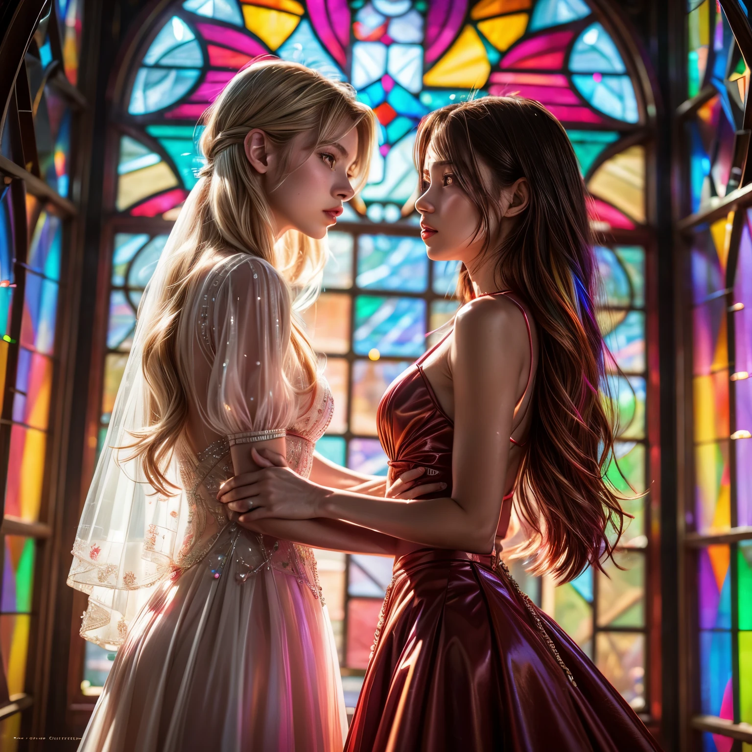 RubyRed (ZoomedOut:1.28) ZoomLayer, TopQuality 8K masterpiece of ((Professional photo)), (((Clarisse de Cagliostro))) (Detailed Delicate White WeddingDresses), Chain, Extremely detailed (KAWAII face) {(VeiledFace)|BlondeHair|(Spanking BuleEyes)}, The background is distant ((Elaborate PrimaryColors stained glass)) Rainbow Glass, MysticSight, GodRays, Radiant PearlSkin with Transparency, (Exposed:0.28)