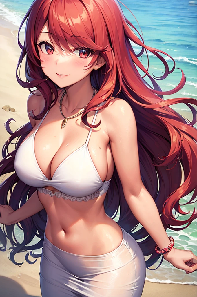 ((masterpiece, best quality, ultra-detailed)), 1girl, beautiful woman on the beach, smiling, blush, wearing beach bra and maxi pencil skirt, necklace, bracelet, wavy red hair, leaning forward, wet, summer, beach
