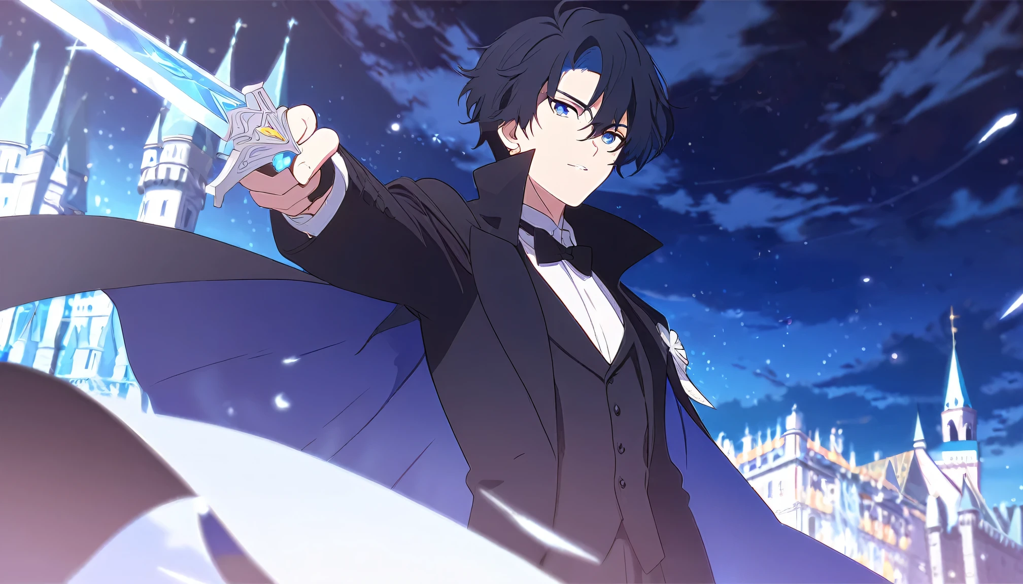Anime Style, 1Male, Tuxedo outfit, Cloak, Knight's Sword, holding a sword, Black Hair, Blue hair, Handsome, Man, effect, Castle background night